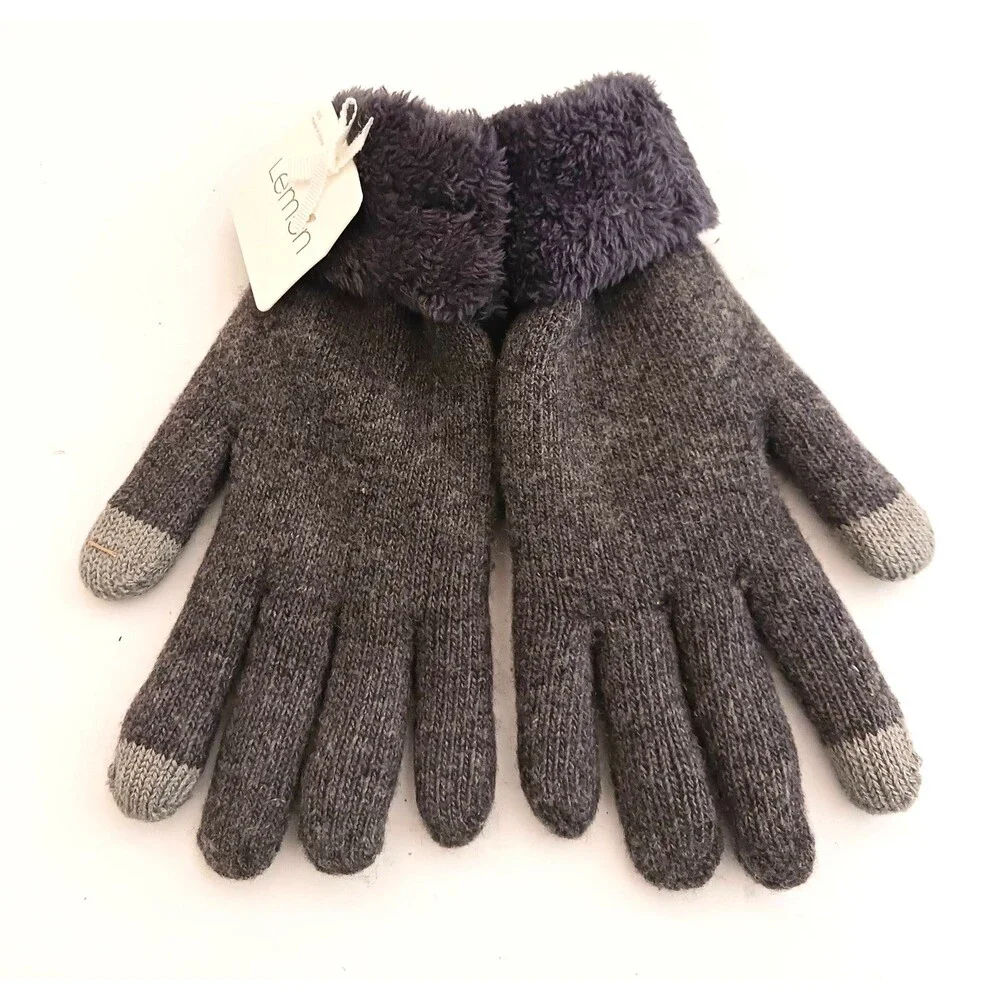 NWT Lemon Gray Knit Gloves Soft Dk Gray Fleece Lining & Cuff O/S